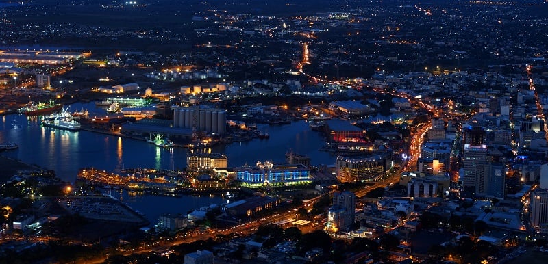 Colorful panoramic urban skyline illuminated at night